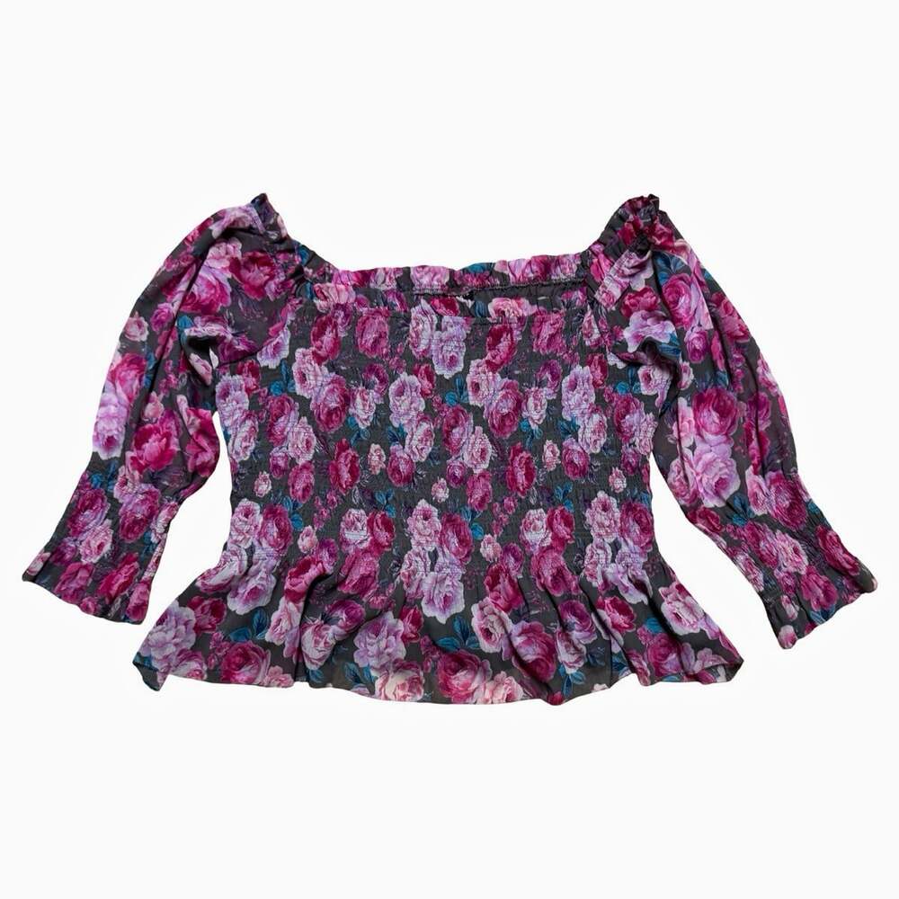 Torrid Off-Shoulder Floral Smocked Peplum Chiffon Blouse 3/4 Sleeve 4